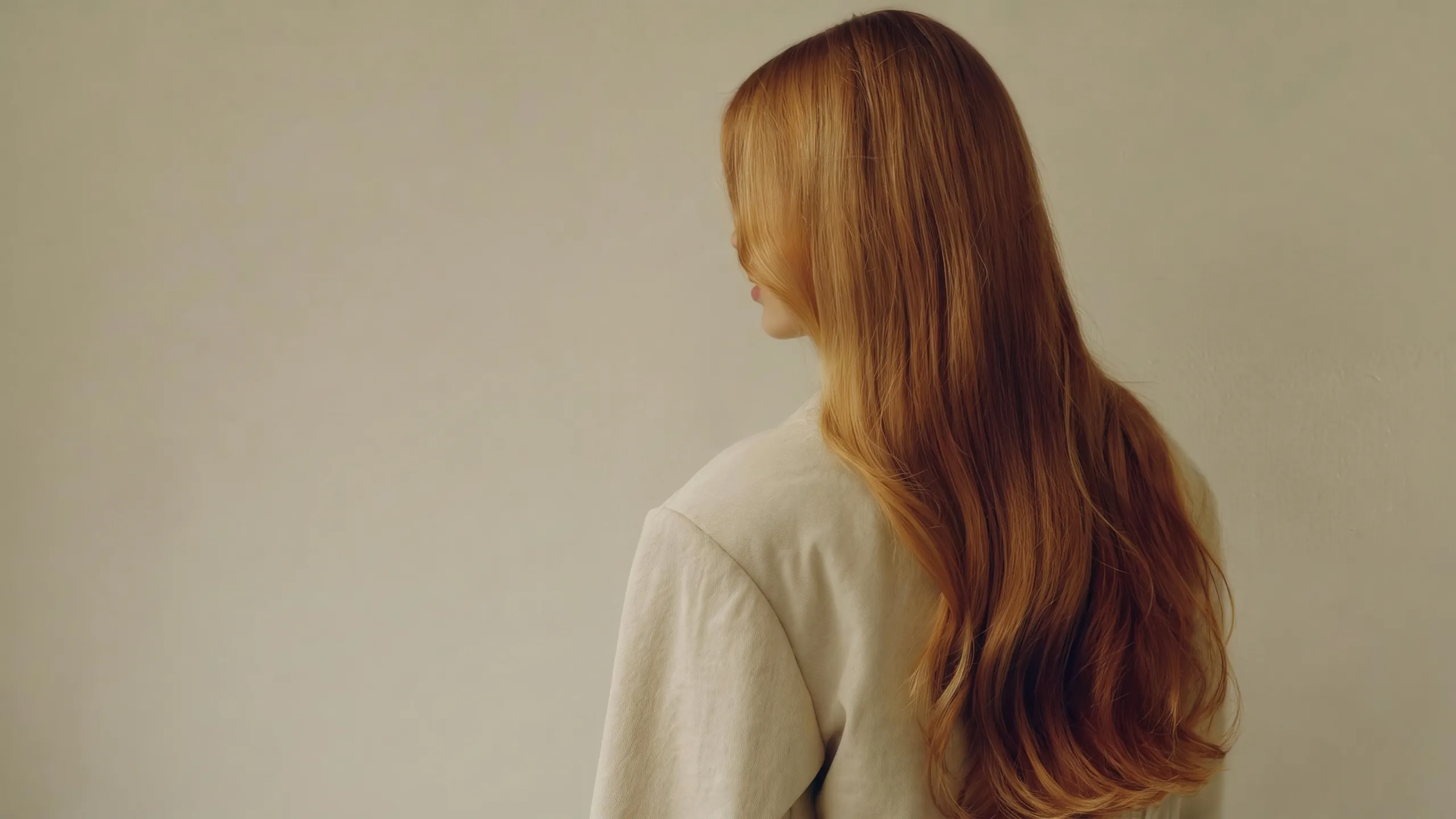 Long auburn hair, seen from behind, against a soft wall